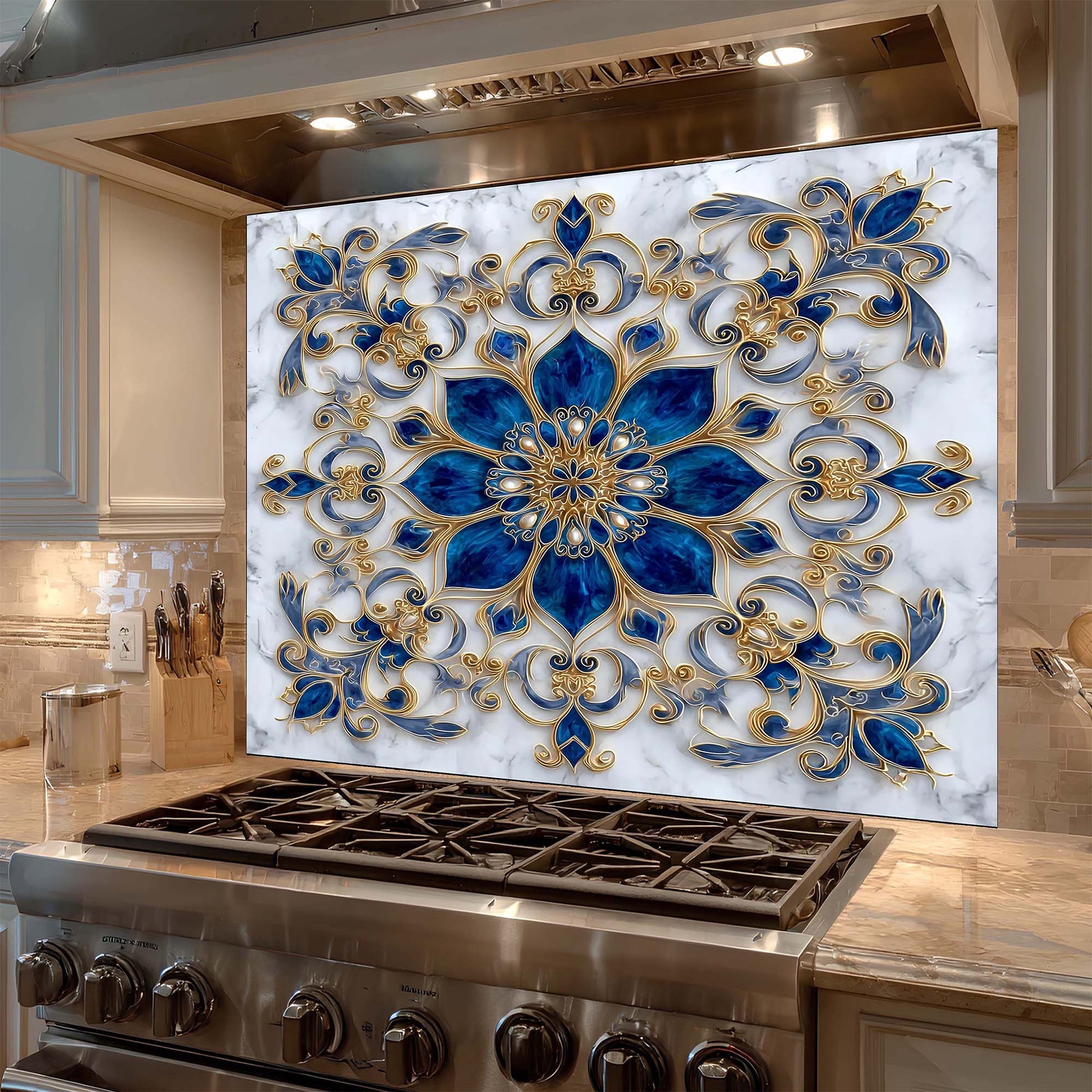 Decorative backsplash with blue and gold floral pattern above a stove in a kitchen.