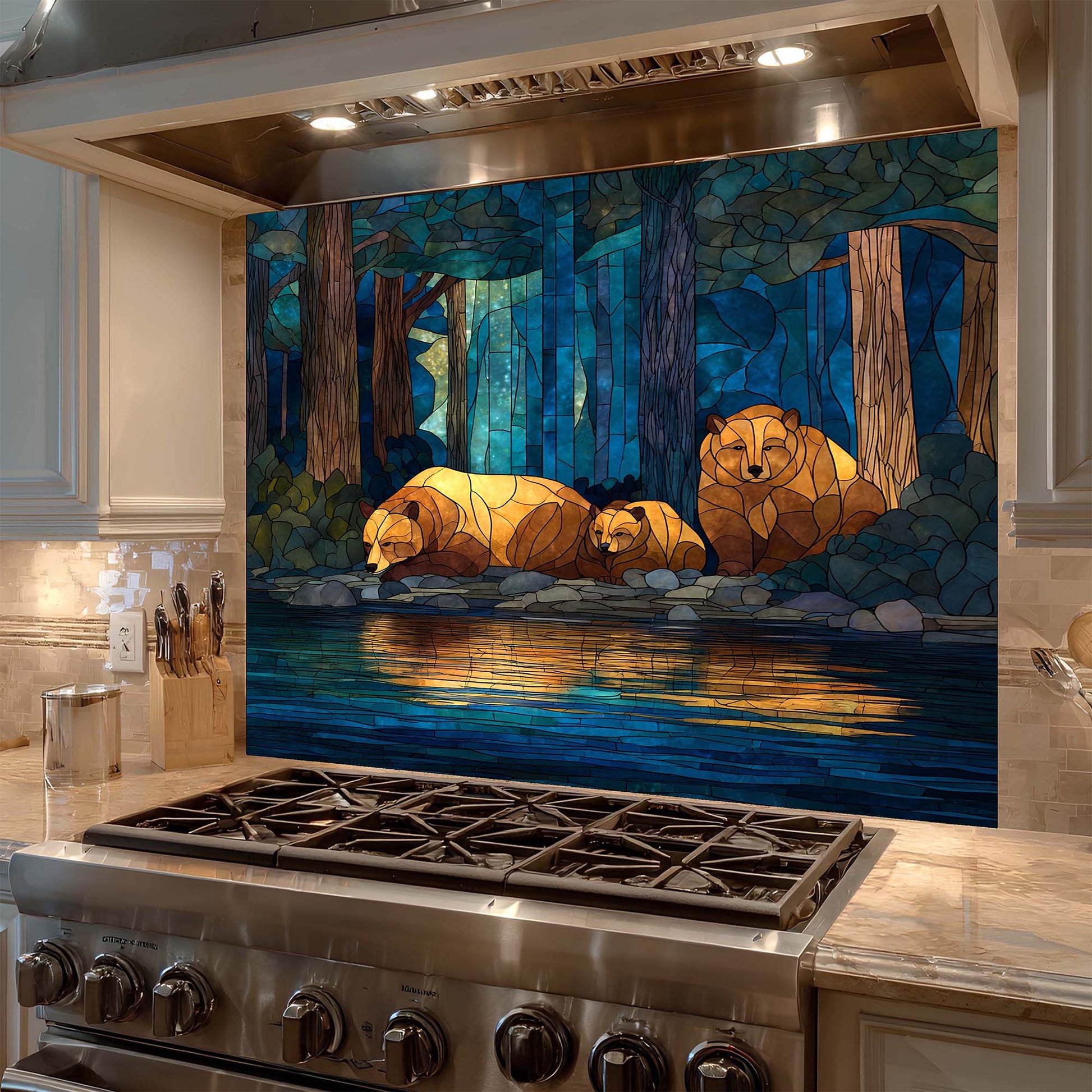 Stainless steel stove with a decorative glass backsplash featuring bears in a forest scene.