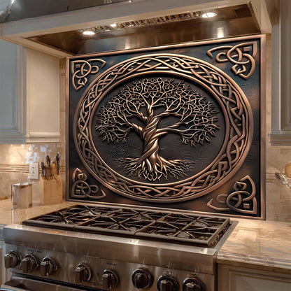 Tempered glass backsplash with tree design above a stove in a kitchen.