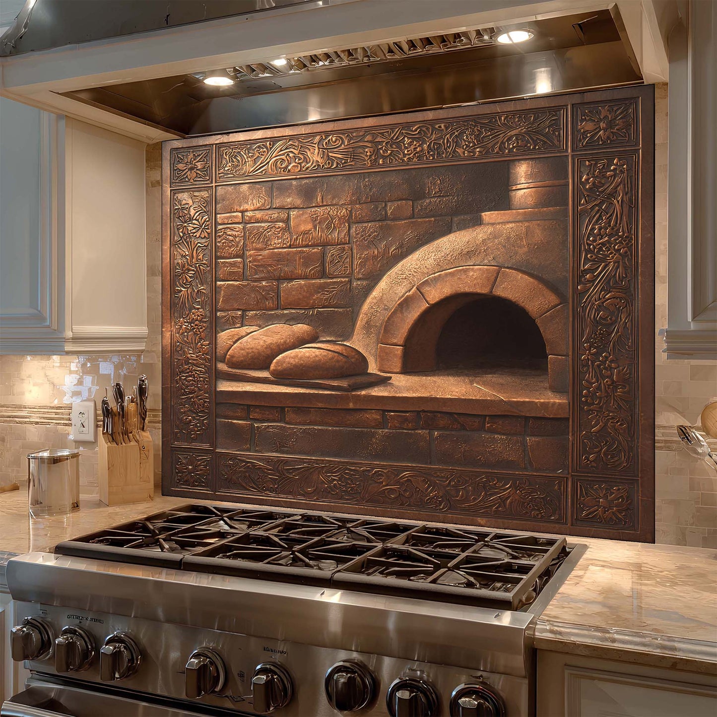 Decorative brick oven with intricate design glass backsplash above a stove in a kitchen.