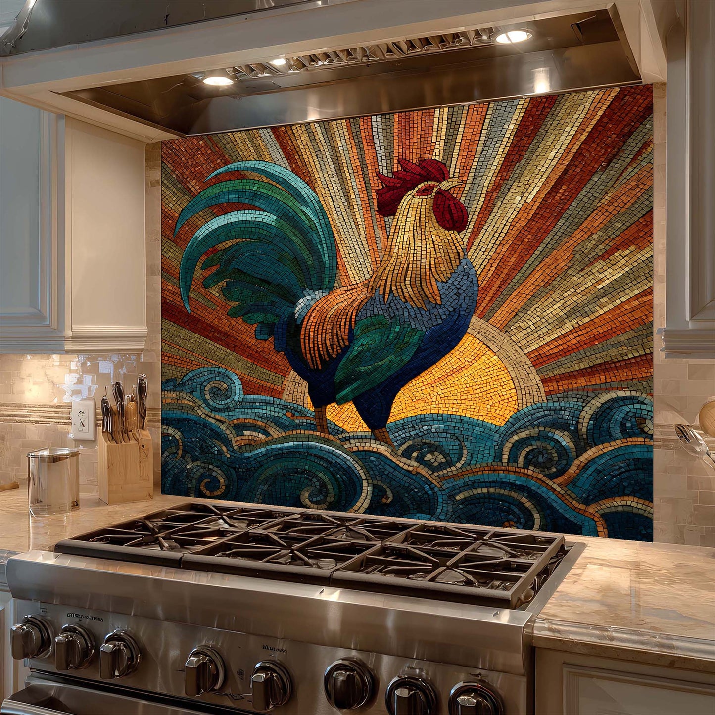 Mosaic rooster with radiant sunrise and swirling waves on tempered glass backsplash