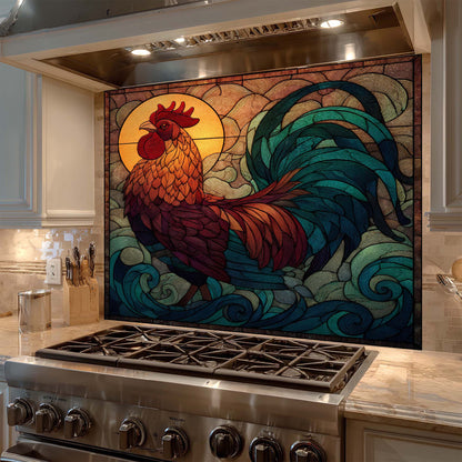 Stained glass rooster backsplash above a stove in a kitchen
