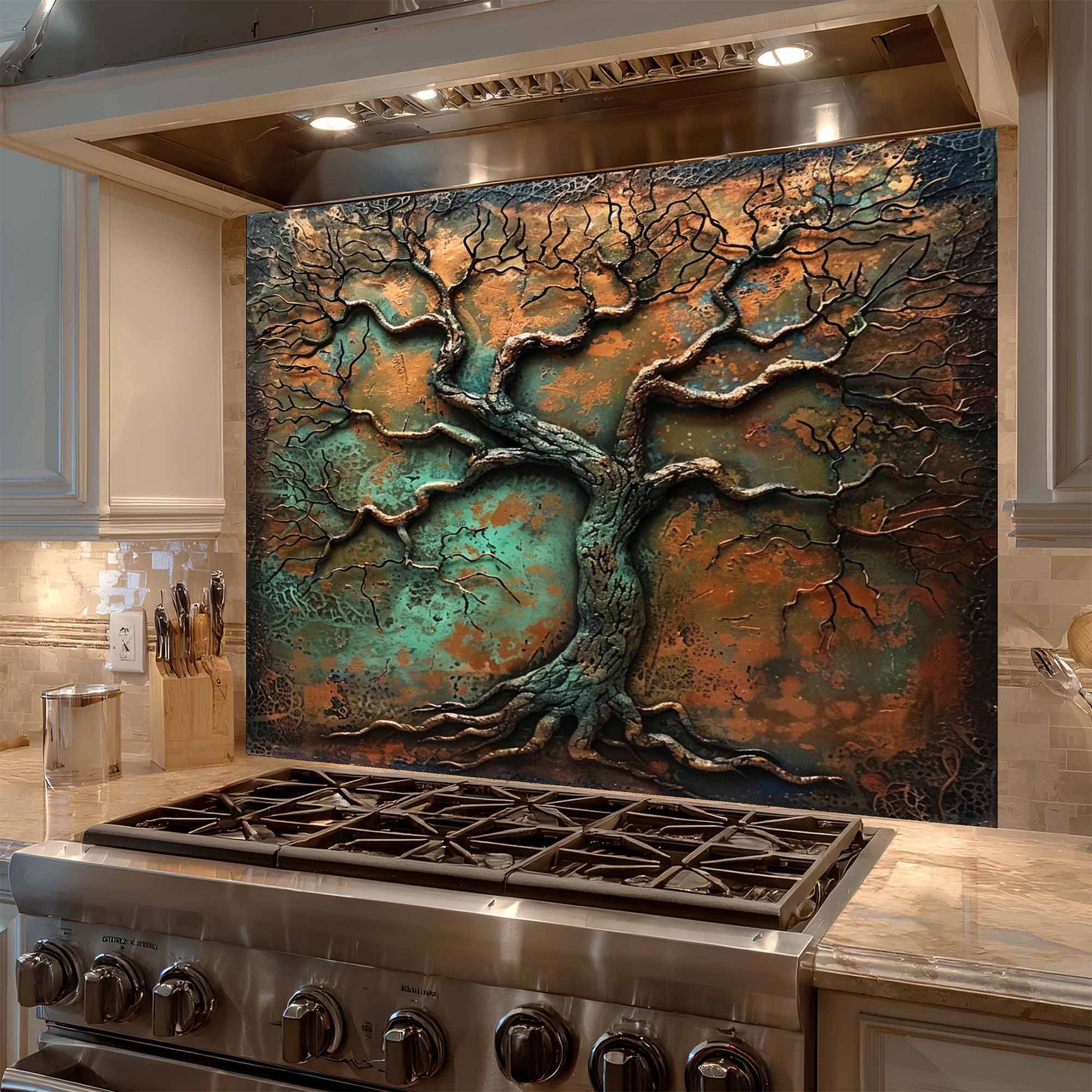 Decorative glass tree backsplash above a stove in a kitchen