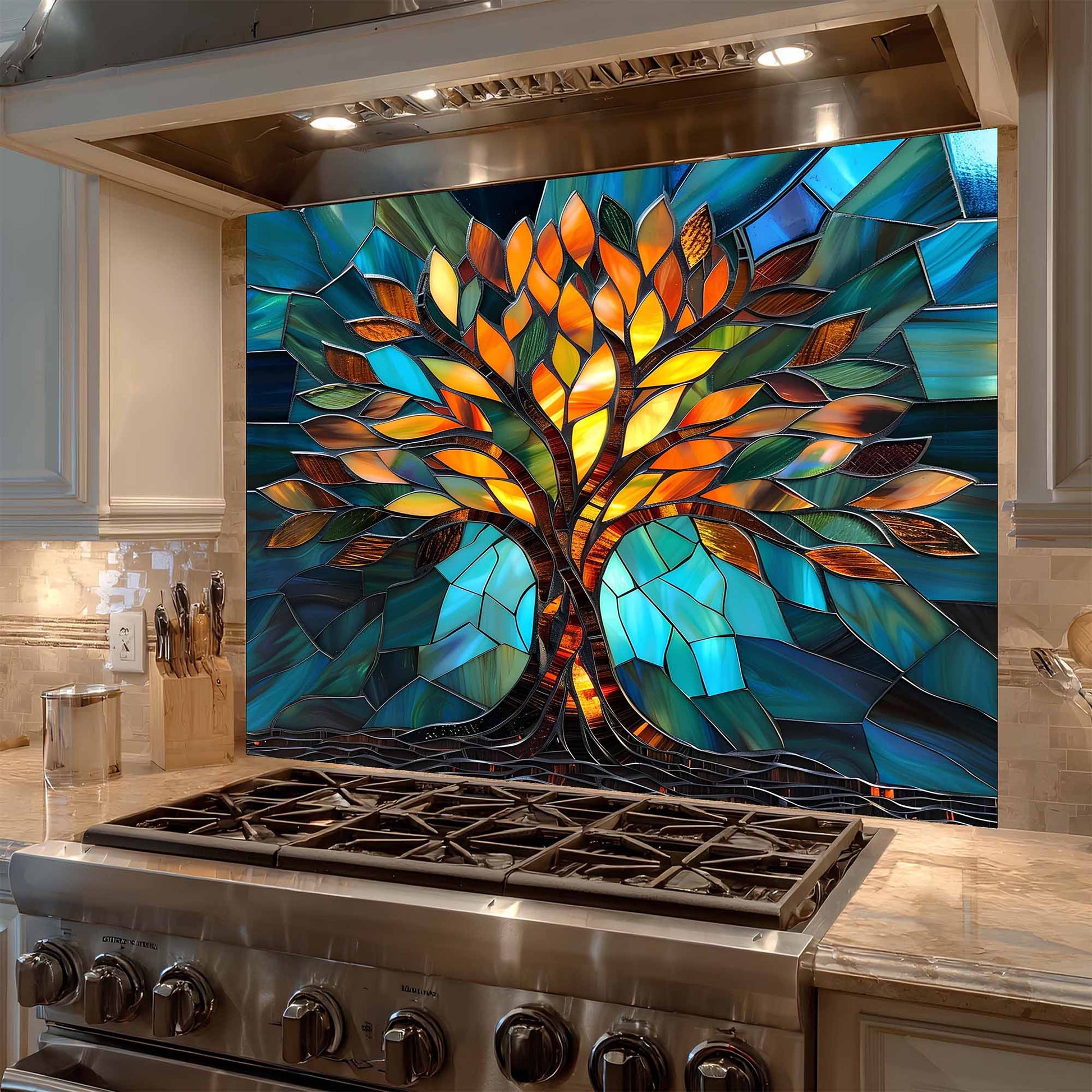 Colorful stained glass tree backsplash above a stove in a kitchen