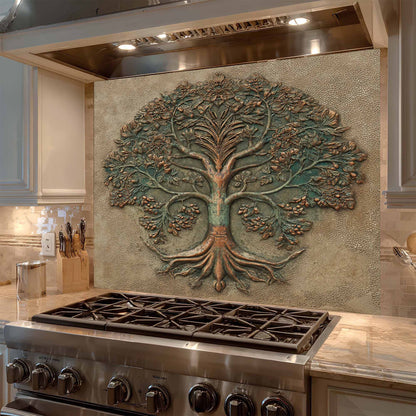Decorative backsplash of a tree over a stove in a kitchen