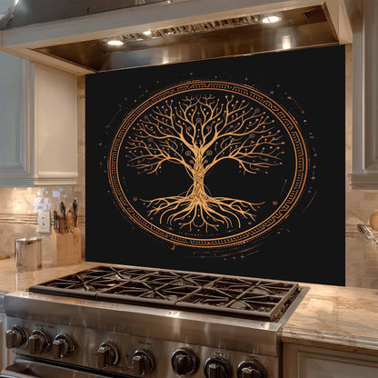 Stainless steel range hood with decorative tree of life design in a kitchen setting.