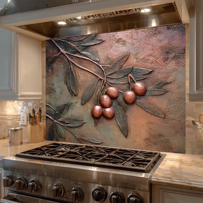 Decorative glass backsplash with metal leaf and berry design above a stove in a kitchen.