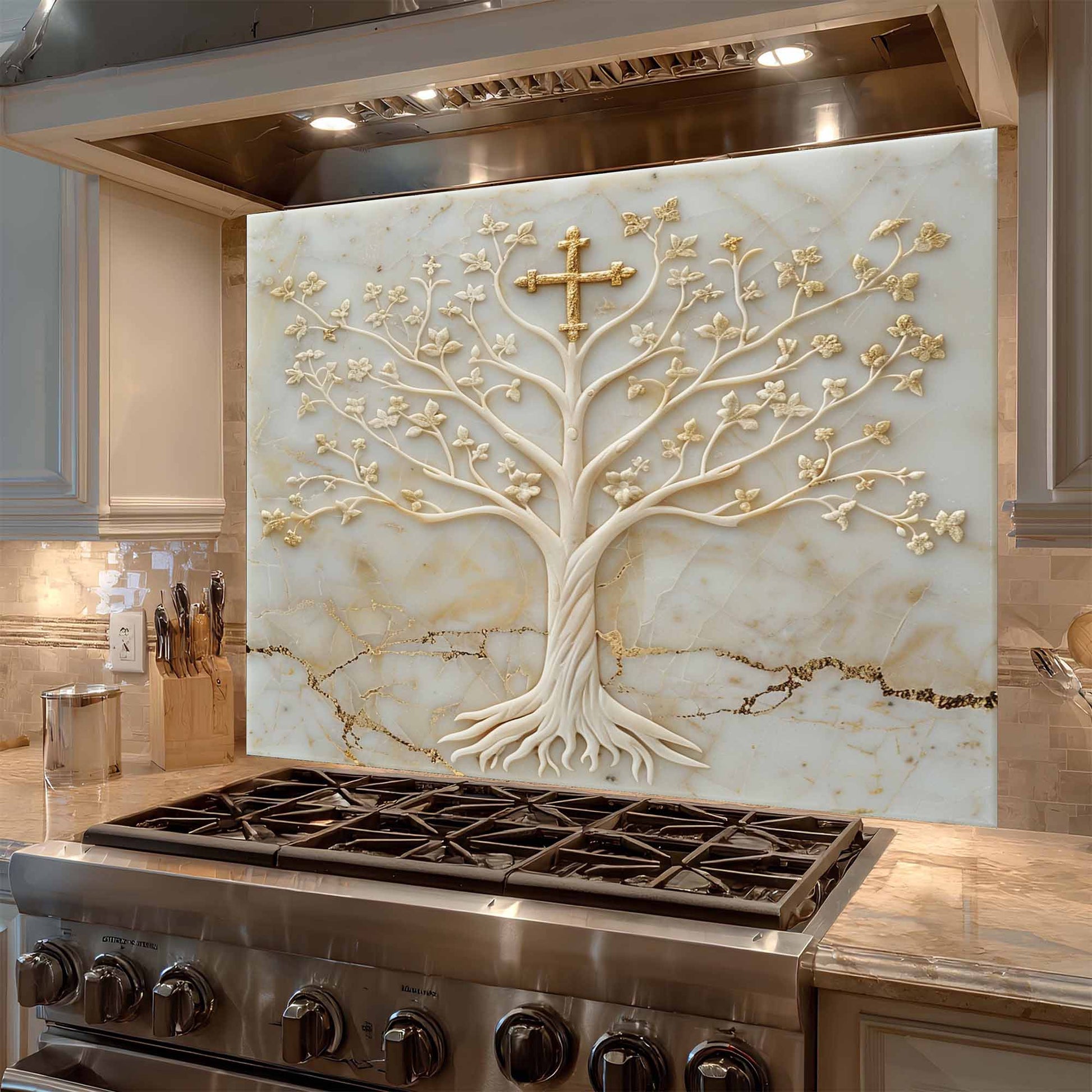 Decorative backsplash with a tree design above a stove in a kitchen.