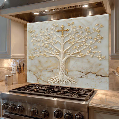 Decorative backsplash with a tree design above a stove in a kitchen.