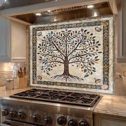 Decorative mosaic glass backsplash with a tree design above a stove in a kitchen.