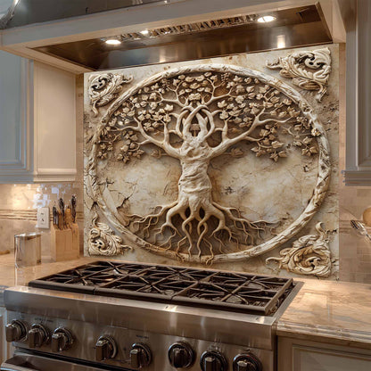Decorative glass backsplash of a tree above a stove in a kitchen.