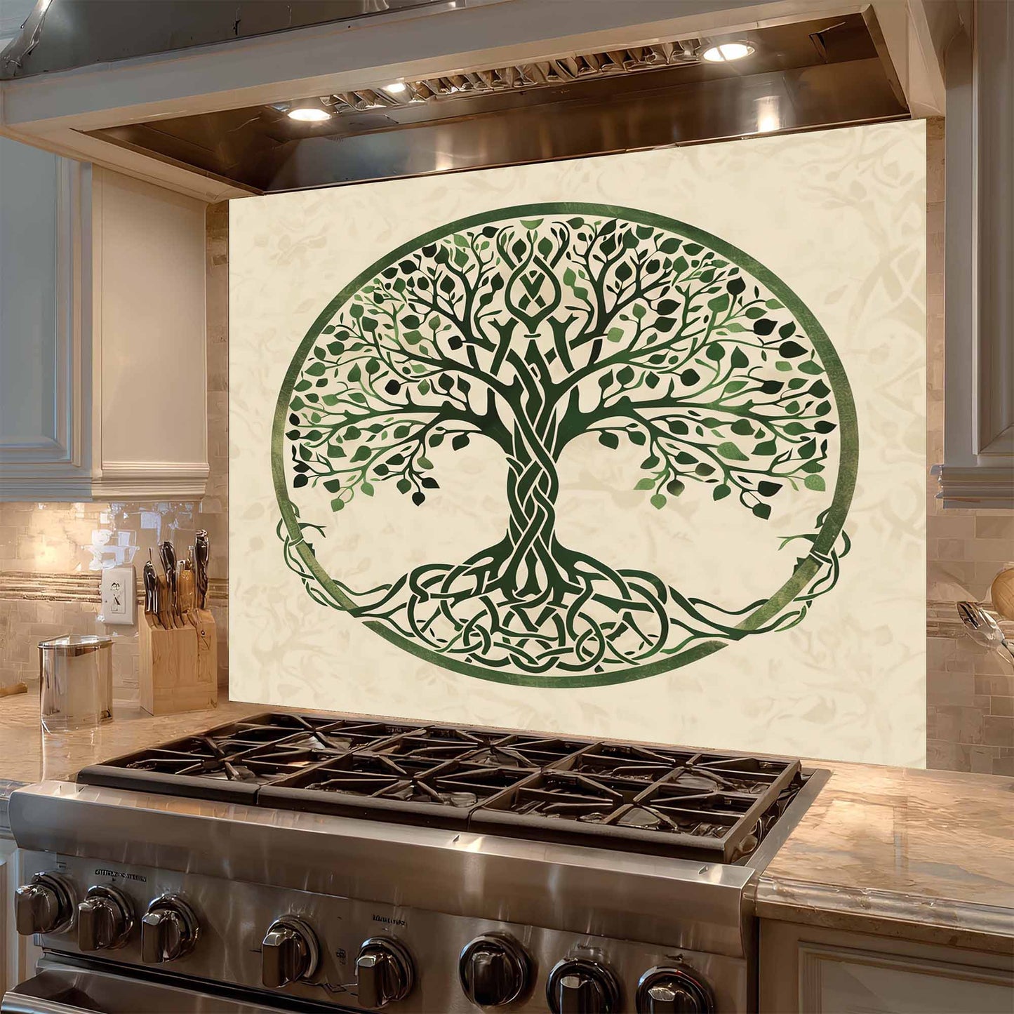 Kitchen with a decorative wall panel featuring a tree design above a stove.
