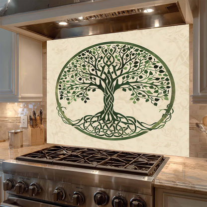 Kitchen with a decorative wall panel featuring a tree design above a stove.