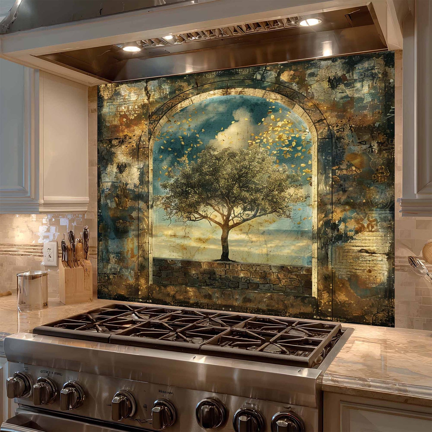 Kitchen with a decorative backsplash featuring an tree and arch over a stove.