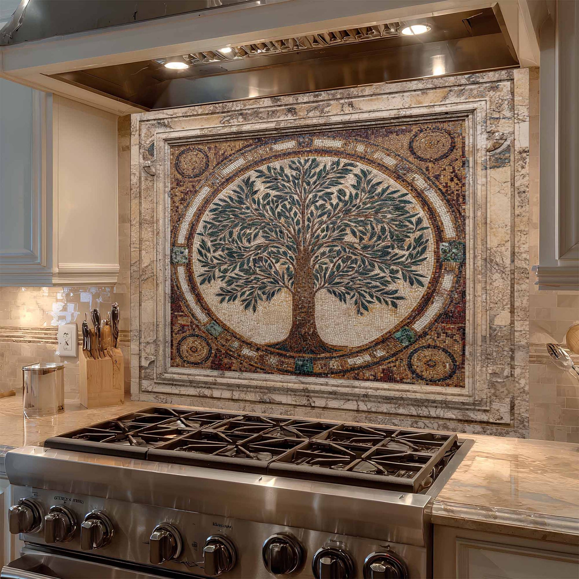 Kitchen stove with a decorative mosaic tree of life backsplash