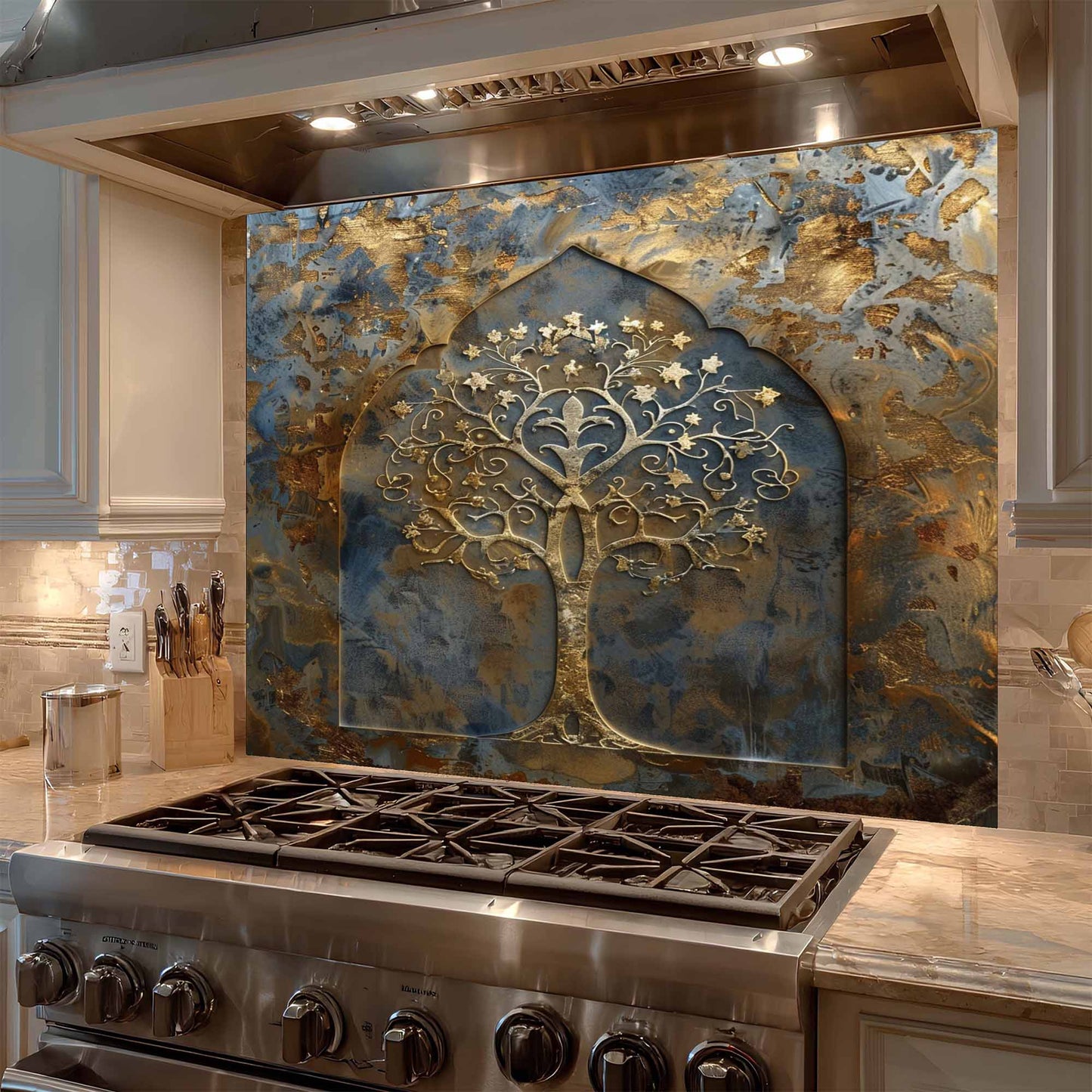 Decorative backsplash with tree design above a stove in a kitchen.