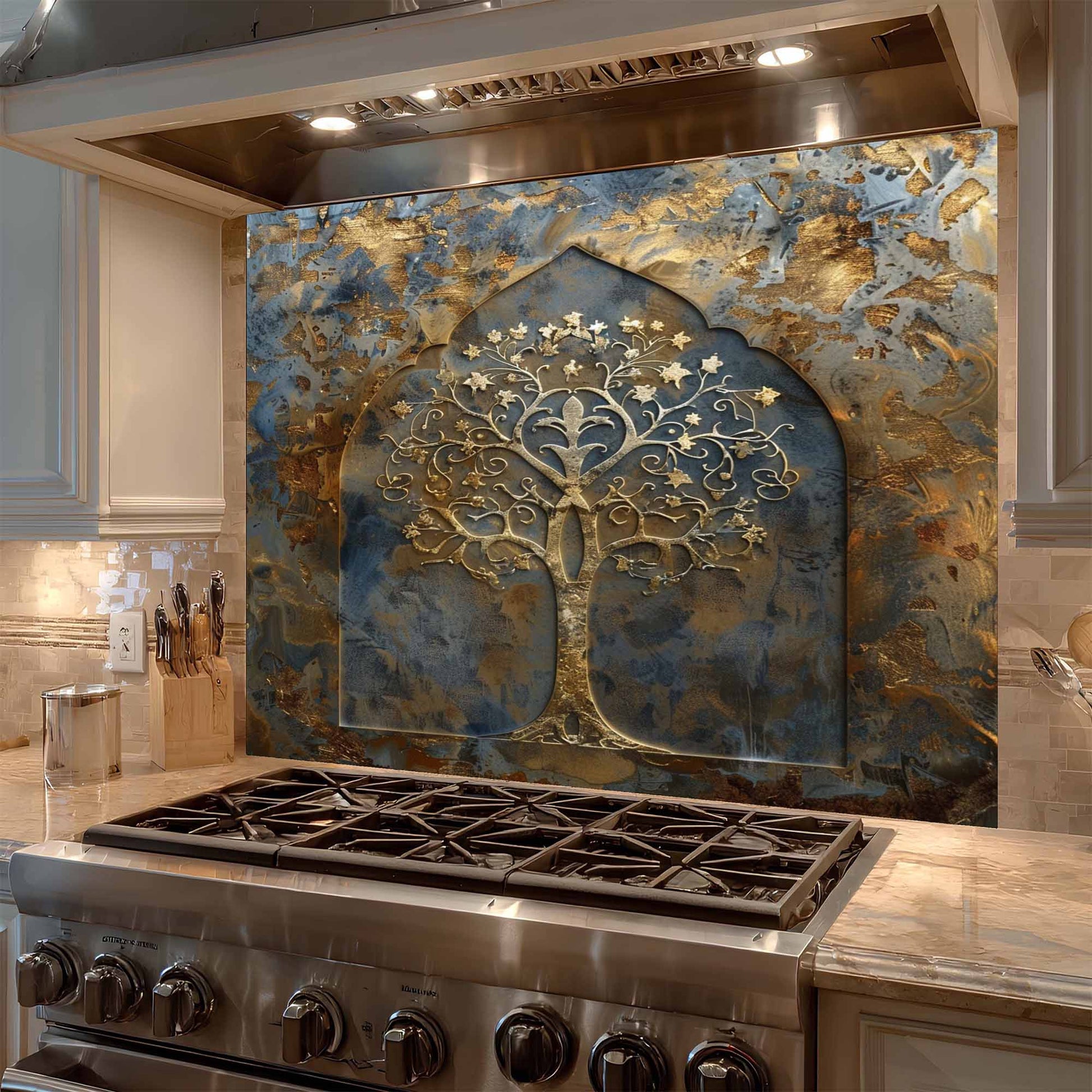 Decorative backsplash with tree design above a stove in a kitchen.