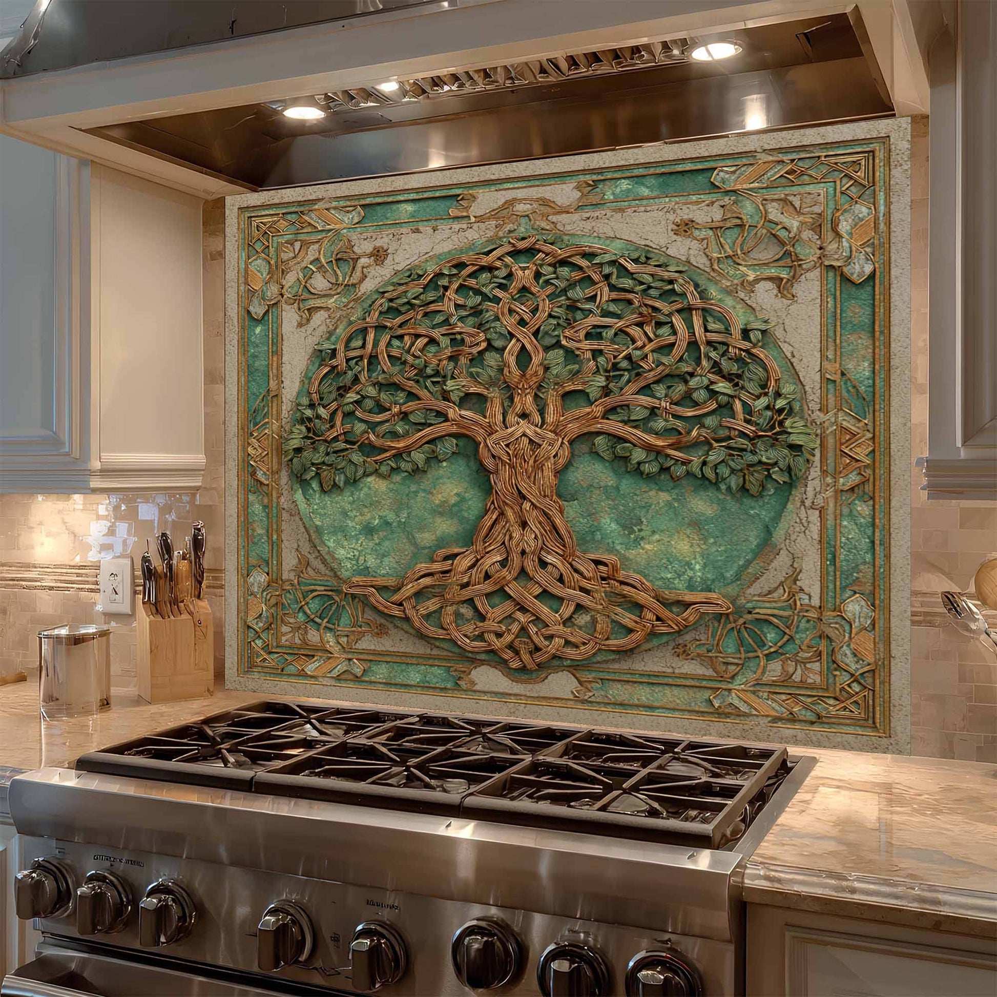 Decorative backsplash with a tree design above a stove in a kitchen.