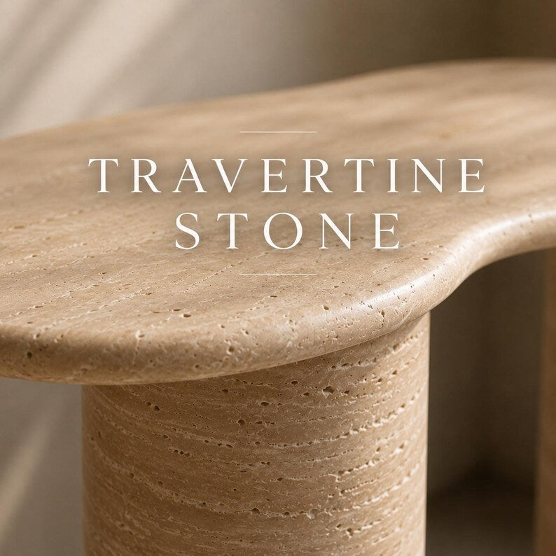 Travertine stone table with 'Travertine Stone' text overlay