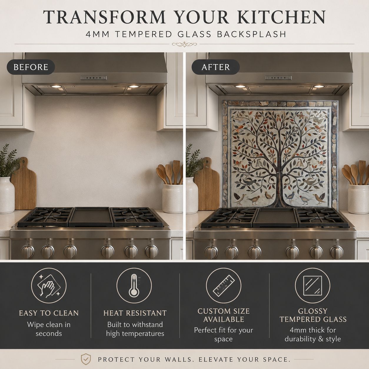 Tree of Life tempered glass kitchen backsplash panel installed behind stove hood