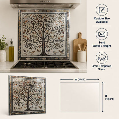 Tree of Life tempered glass kitchen backsplash panel installed behind stove hood
