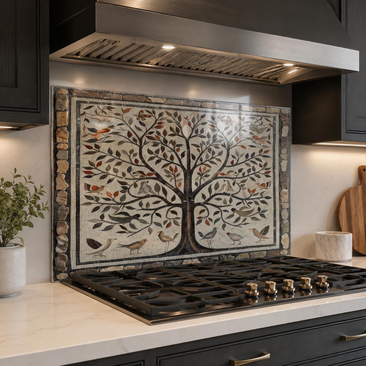 Tree of Life tempered glass kitchen backsplash panel installed behind stove hood