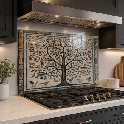 Tree of Life tempered glass kitchen backsplash panel installed behind stove hood