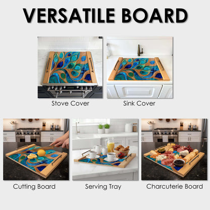 Versatile board used as a stove cover, sink cover, cutting board, serving tray, and charcuterie board in a kitchen setting.