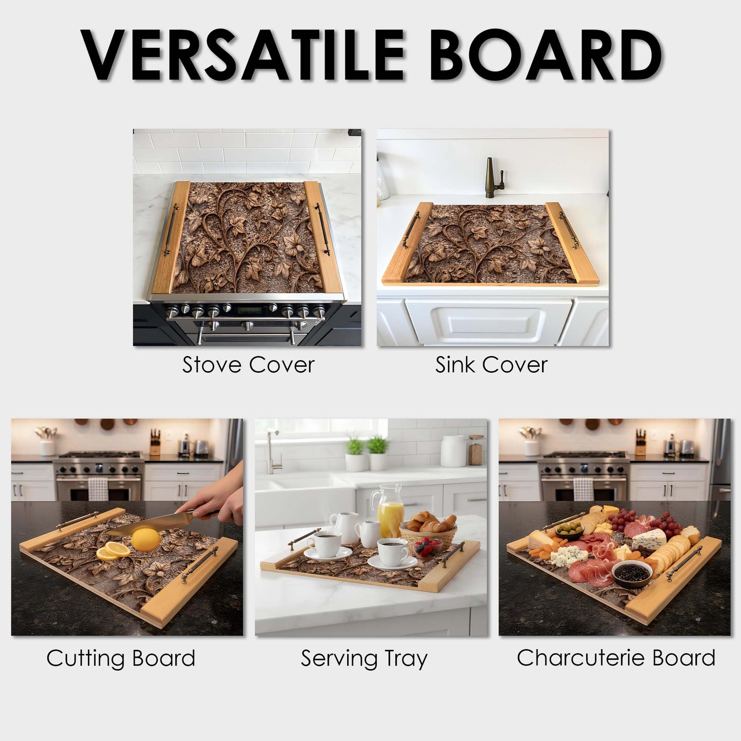 Versatile board used as a stove cover, sink cover, cutting board, serving tray, and charcuterie board in a kitchen setting.