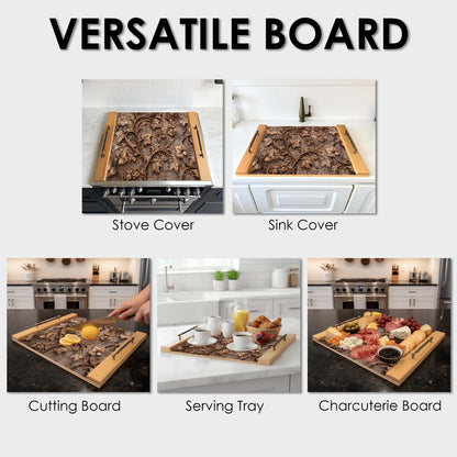 Versatile board used as a stove cover, sink cover, cutting board, serving tray, and charcuterie board in a kitchen setting.