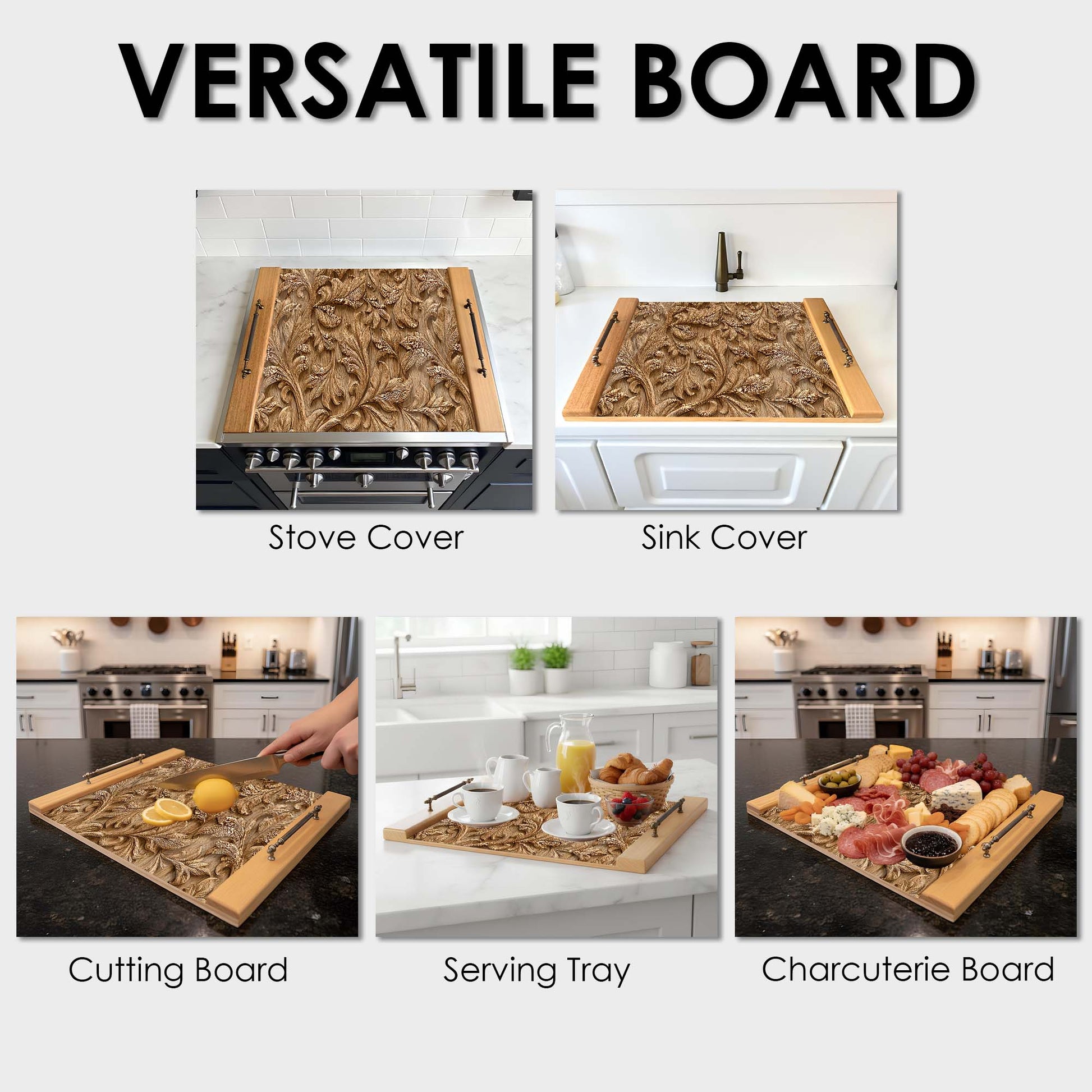 Versatile board used as a stove cover, sink cover, cutting board, serving tray, and charcuterie board in a kitchen setting.