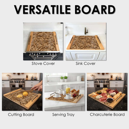 Versatile board used as a stove cover, sink cover, cutting board, serving tray, and charcuterie board in a kitchen setting.
