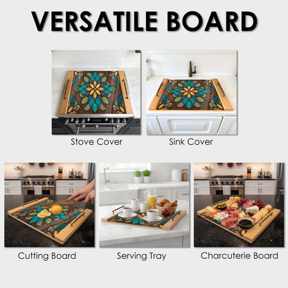 Versatile board used as a stove cover, sink cover, cutting board, serving tray, and charcuterie board in a kitchen setting.