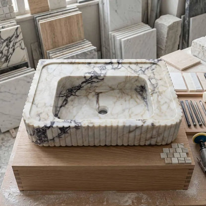 Marble sink on a wooden platform with tiles and tools in the background
