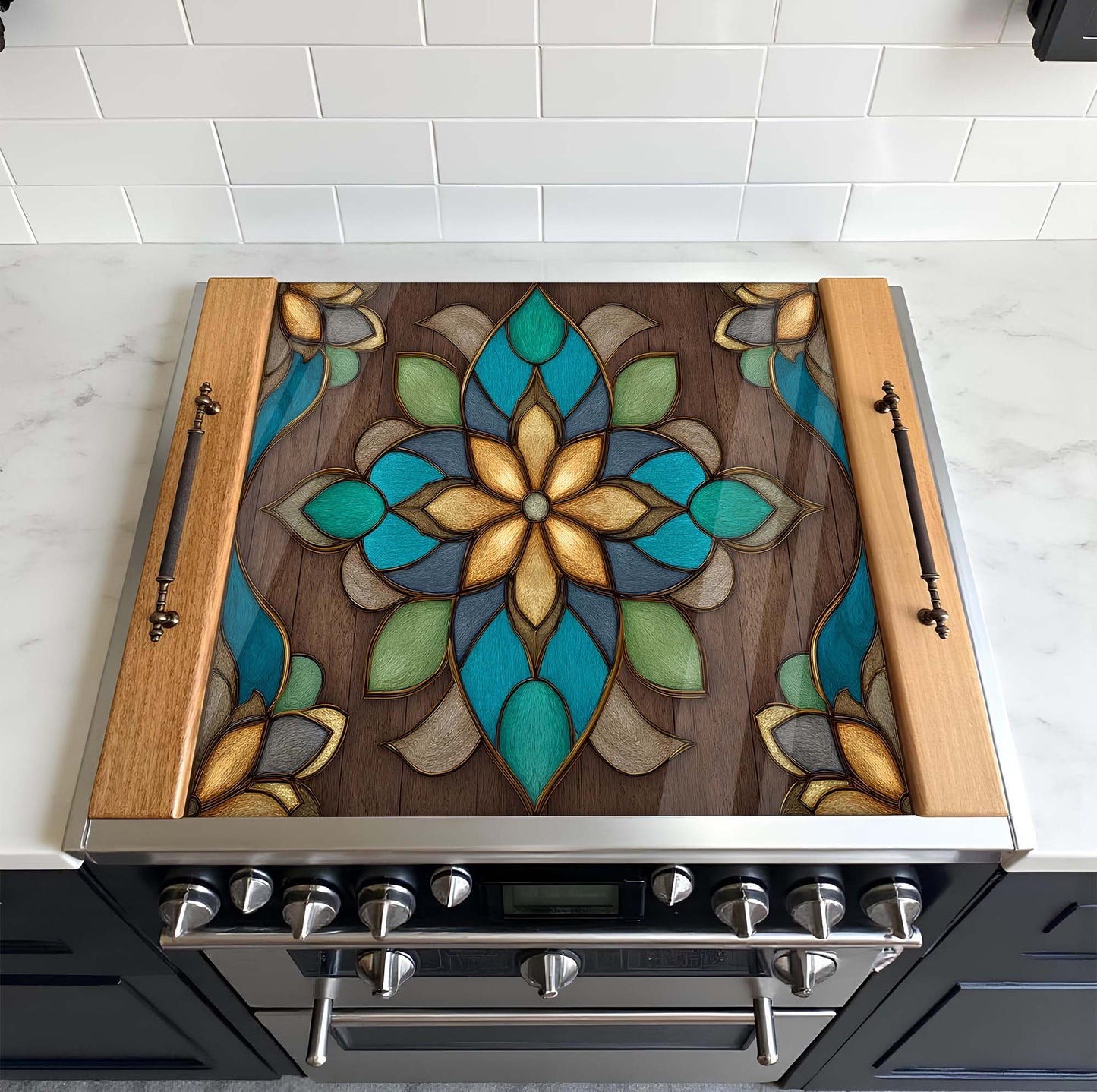 Stainless steel stove with decorative glass stove top cover featuring a floral design on a tiled kitchen wall.
