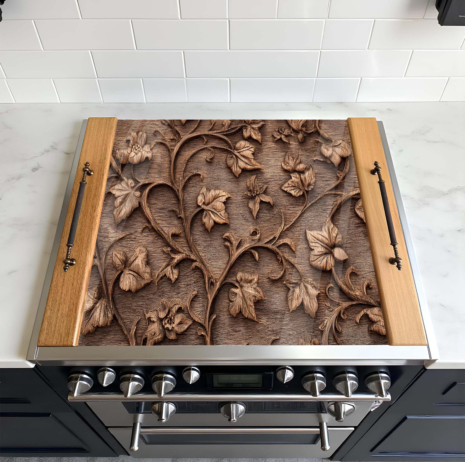 Stainless steel stove with decorative wooden panel featuring floral patterns on a tiled kitchen wall.